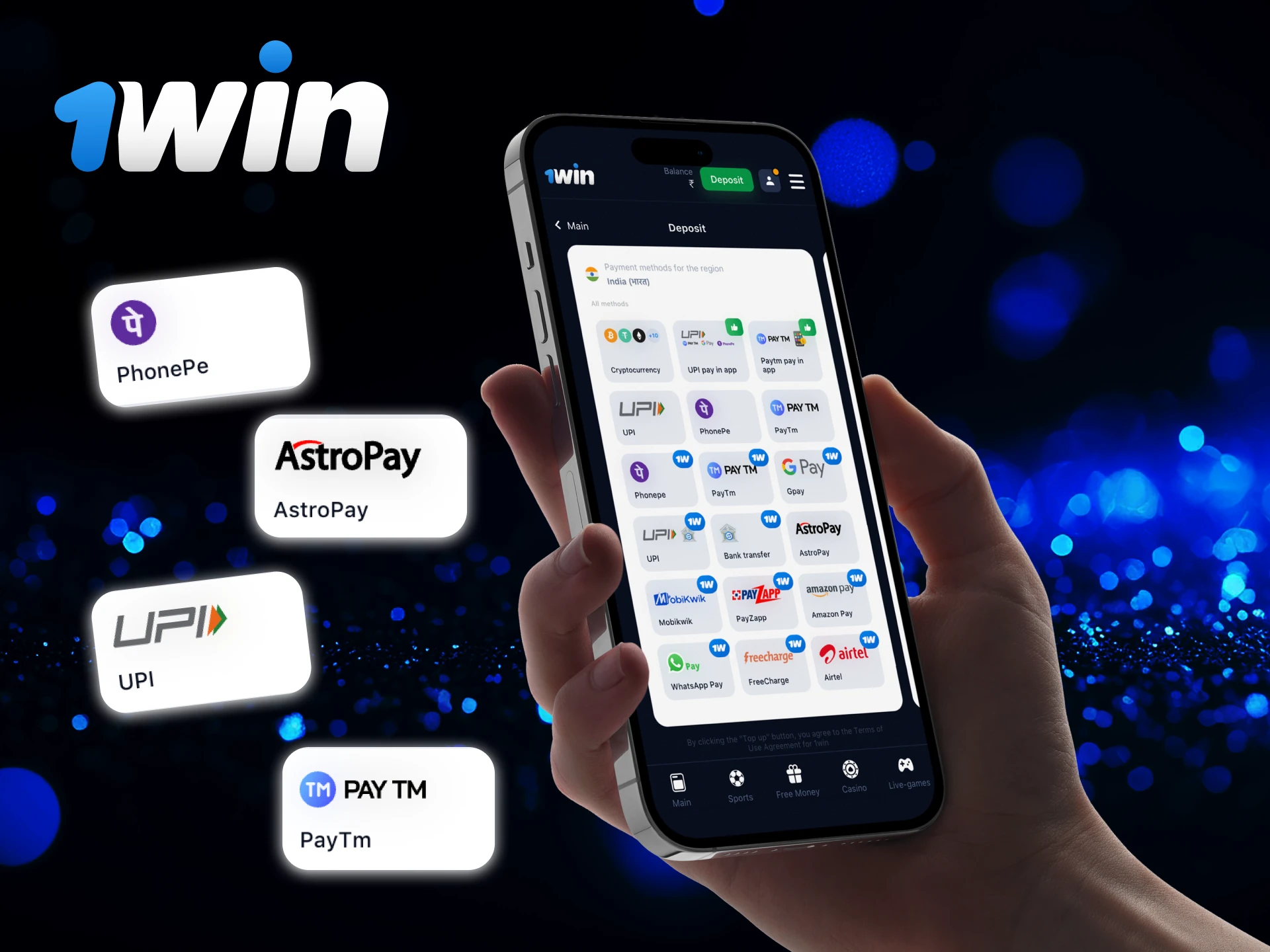 The 1Win casino website presents many different ways for users to deposit money into their account.