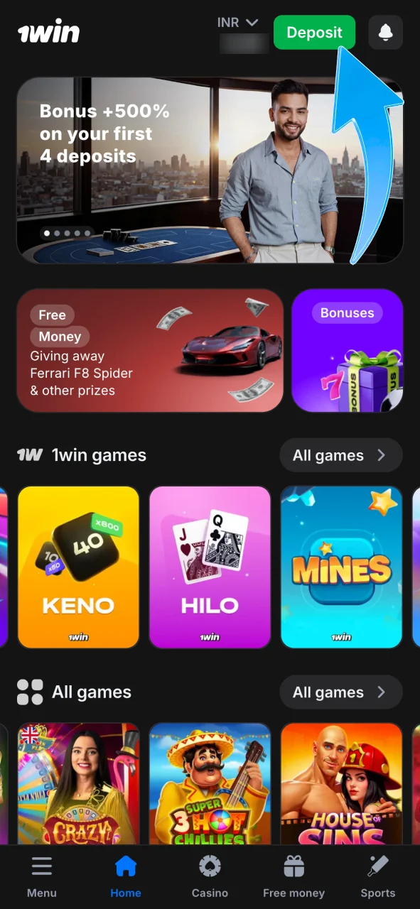 Deposit on 1Win, choose your method and play Aviator now.