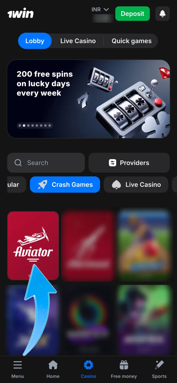 Find Aviator in Crash Games on 1Win and start playing.