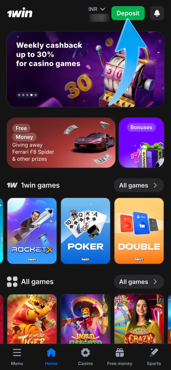 Deposit on 1Win, top up your balance and play Aviator now.