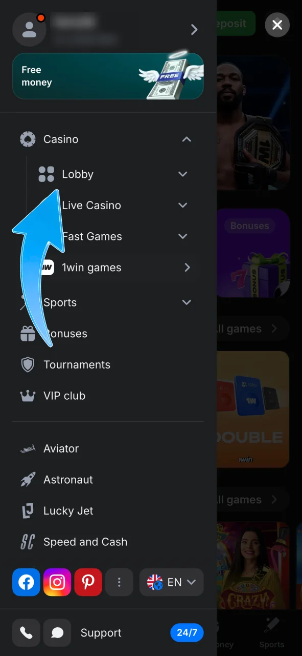 Open the Casino section on 1Win and find Aviator to play.
