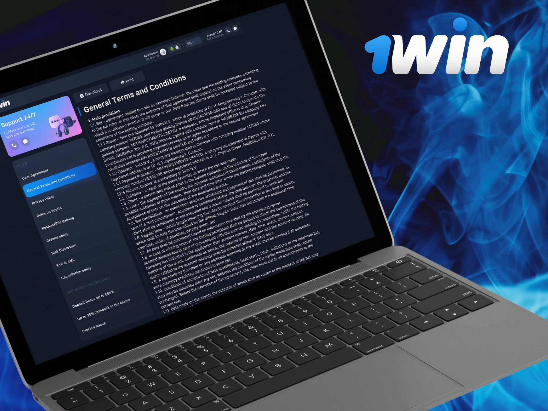 What are the Terms and Conditions on the 1win casino website.