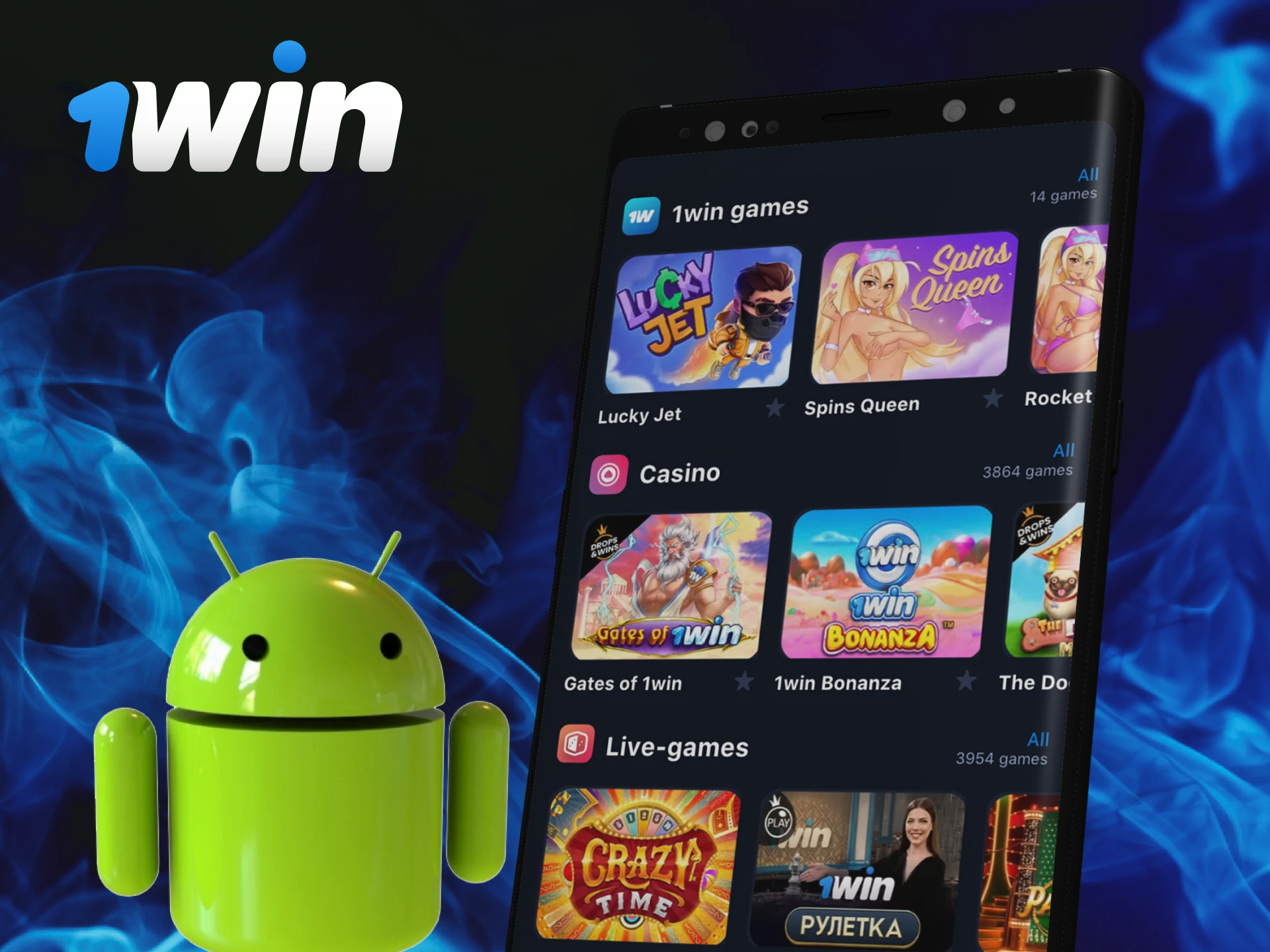 Which Android phones support the 1Win casino mobile app.