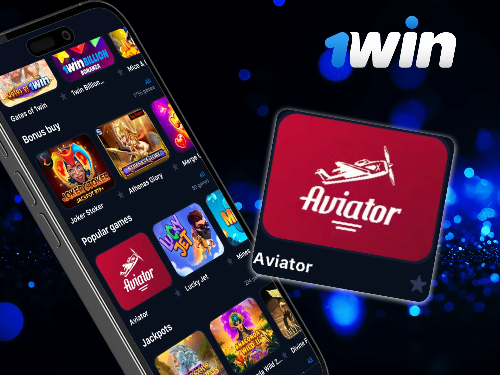 Instructions on how to find the Aviator crash game in the 1Win casino mobile application.