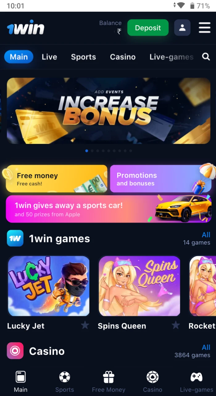 Home page of the 1Win casino website on an Android mobile phone.