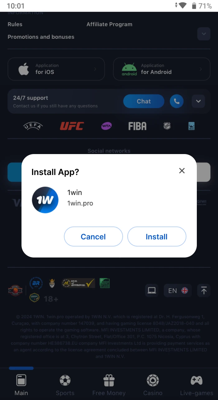 How to install the 1Win casino mobile application on your Android phone.