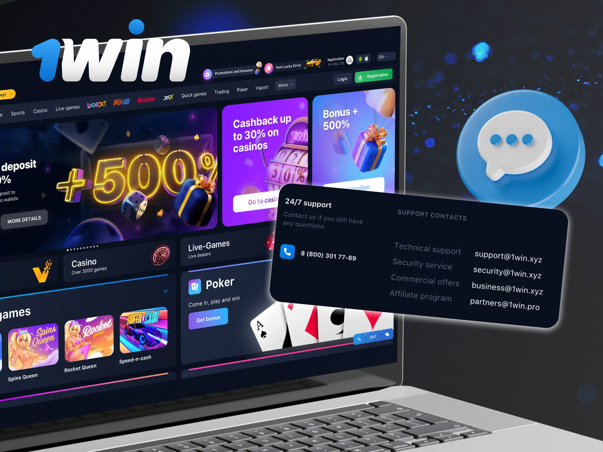 What is the name of the 1win casino support email.