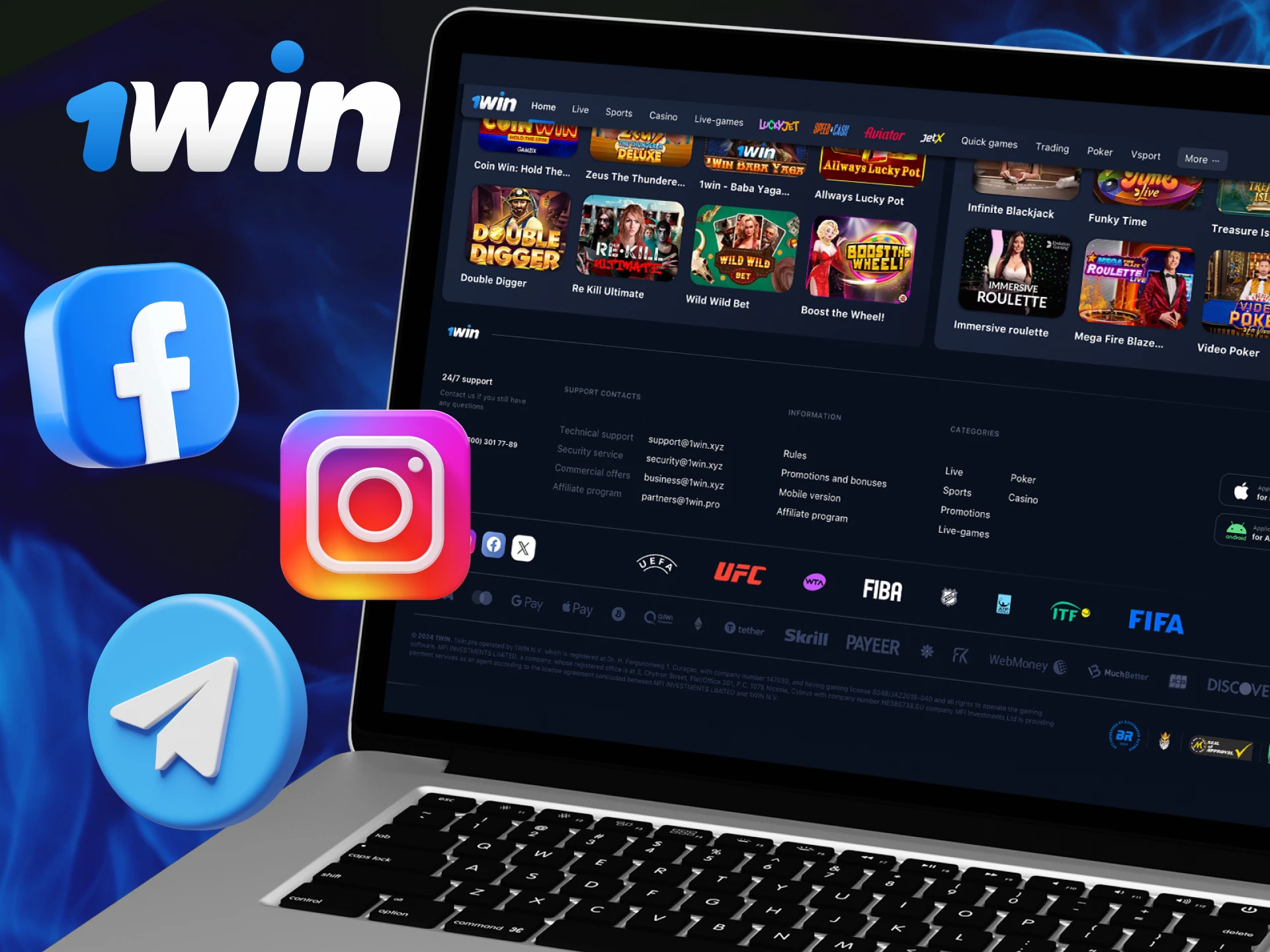 What social networks can you find 1win casino on.