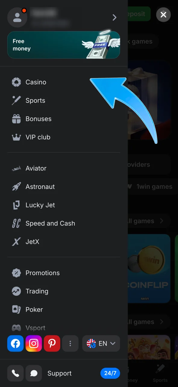 Open the Casino section on 1Win and find Aviator.