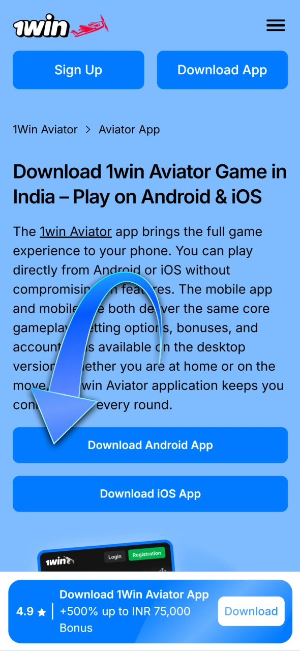Open the 1win mobile page to download the latest Android app.
