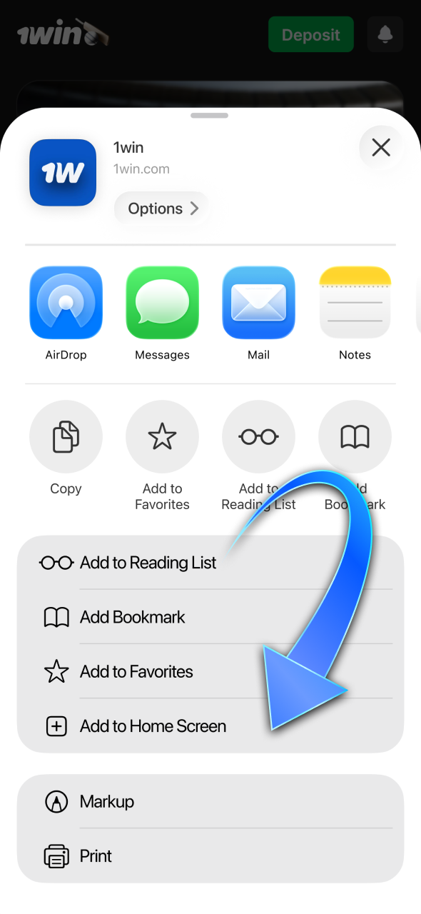 Add the 1win web app to your iOS home screen for quick access.
