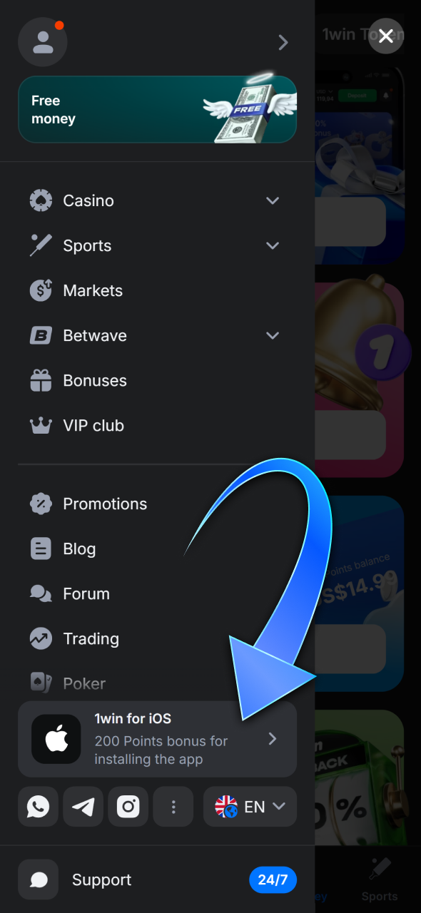 Find the button to start installing 1win on iOS.