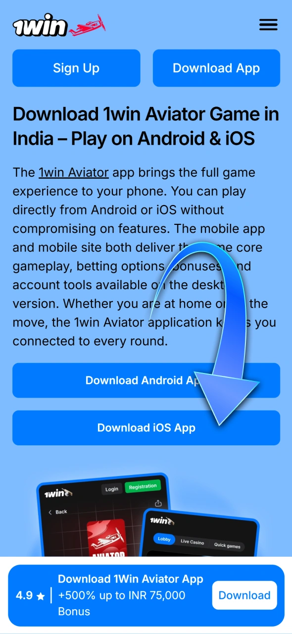 Open the 1win mobile website in your iOS browser.