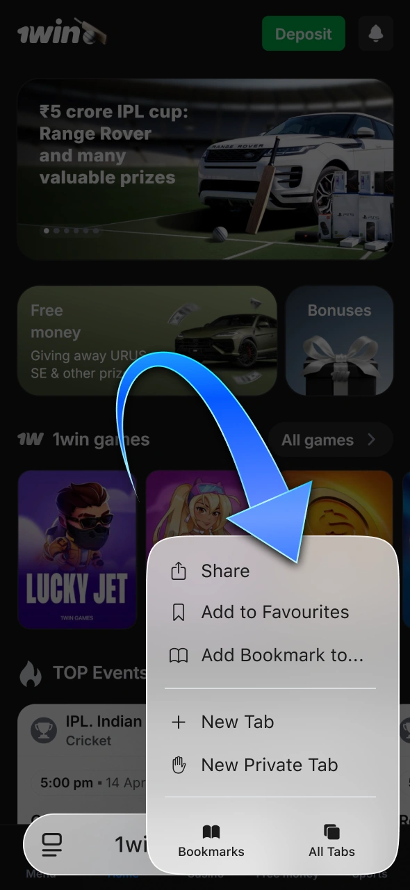 Click the share button to set up the 1win app.