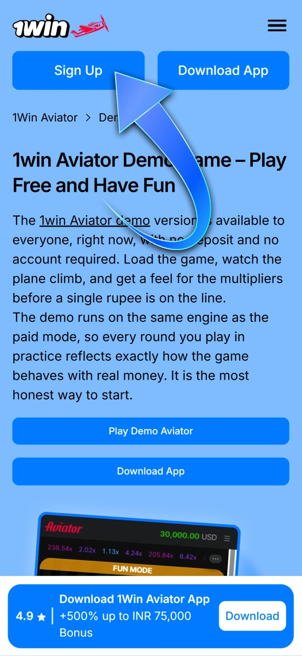 Click the button to test 1win Aviator game for free.