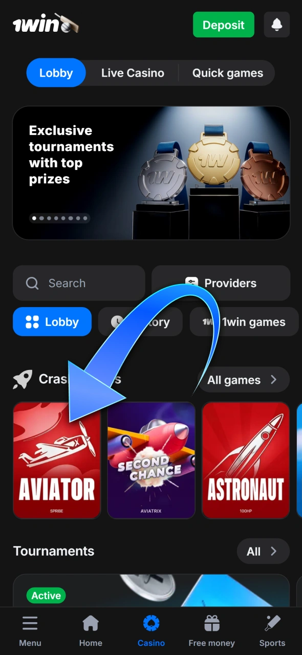 Navigate the 1win casino lobby to discover free Aviator demo game.
