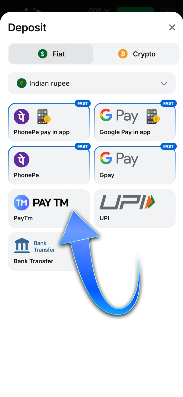 Select your preferred payment method for 1win deposits.