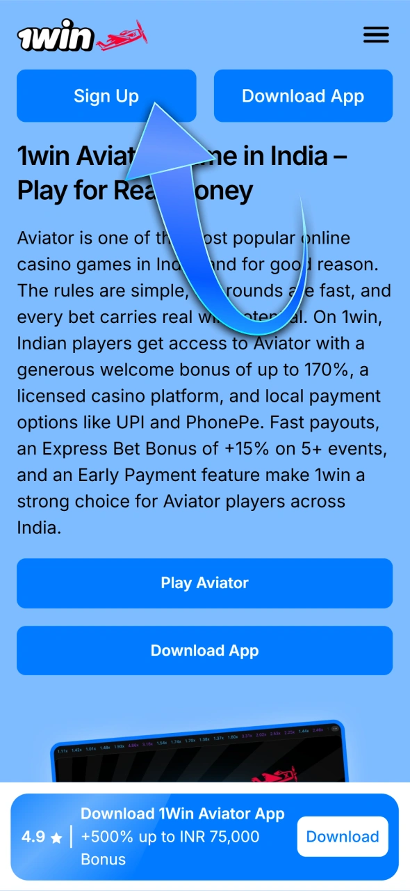 Find the registration button on 1win.