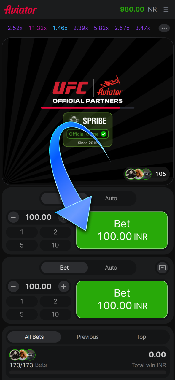 Launch the Aviator game from the 1win.