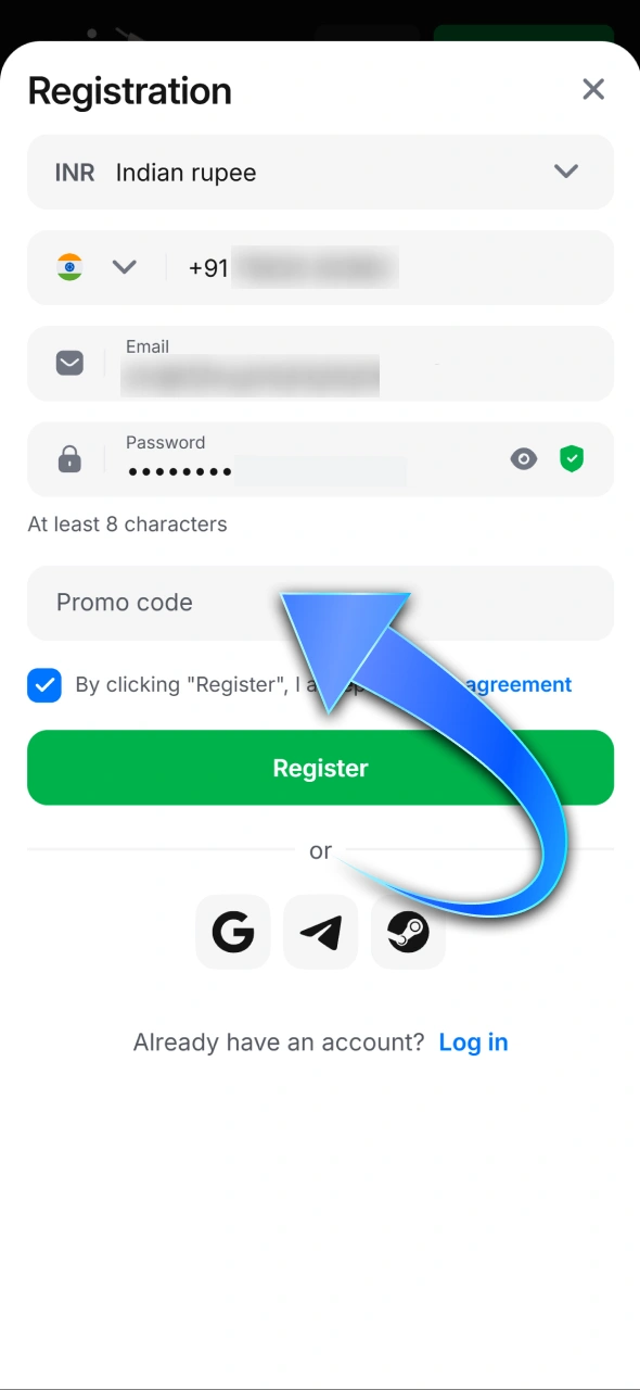 Enter the valid 1win promo code in the designated field.