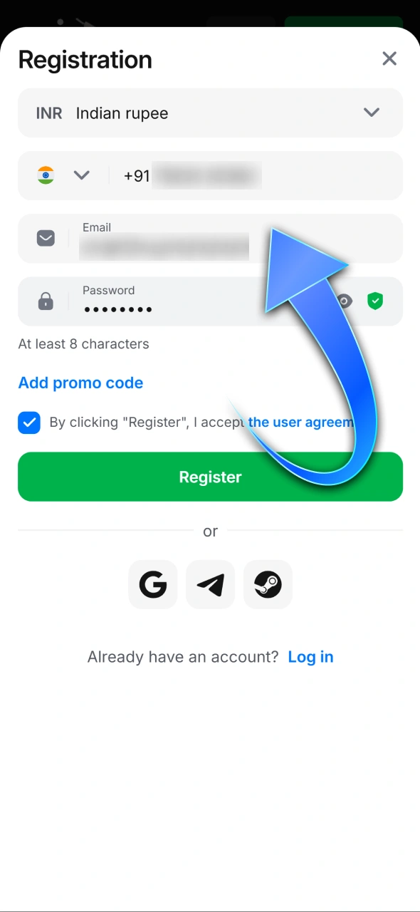 Use a 1win promo code while registering your new account.