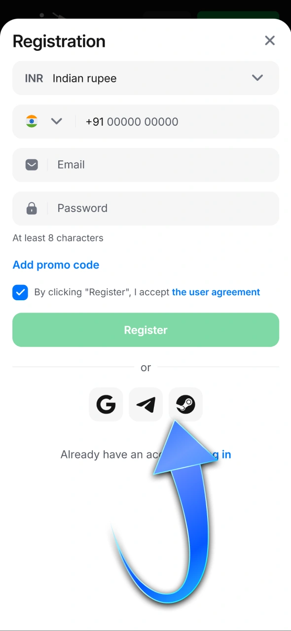 Choose your preferred registration method at 1win.