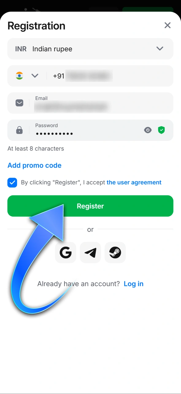 Confirm your email or phone number to finalize 1win registration.