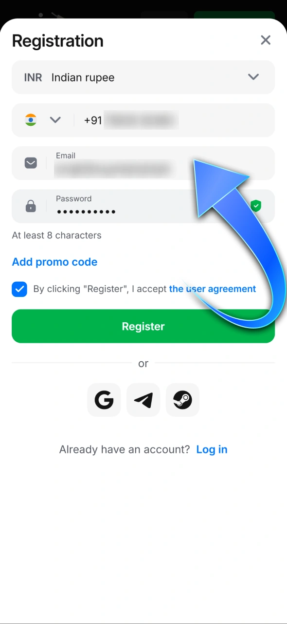 Fill out the registration form to join the 1win platform.