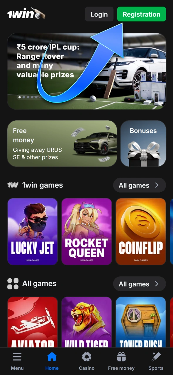 Tap the sign-up button to start your 1win registration.