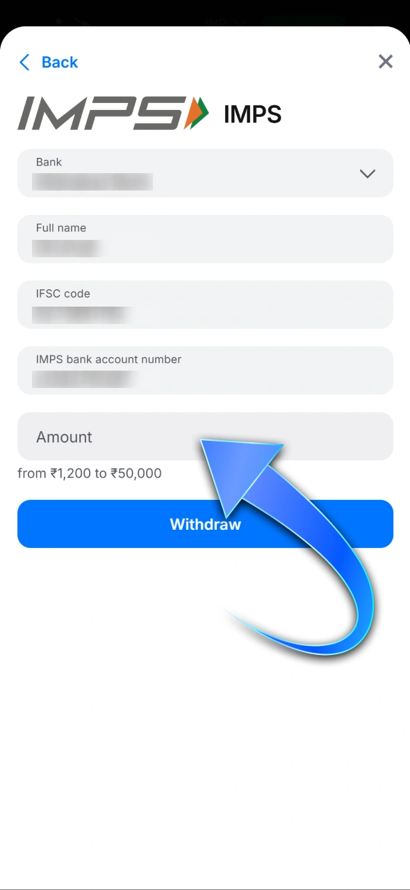 Enter the amount you want to withdraw from your 1win account.